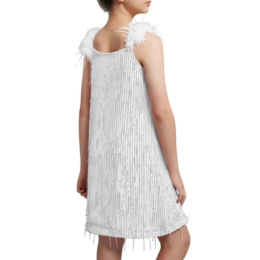 EXARUS Girls White Silver Sequin‎ Fringe Dress Feather Straps Size 14Y Hair Bow